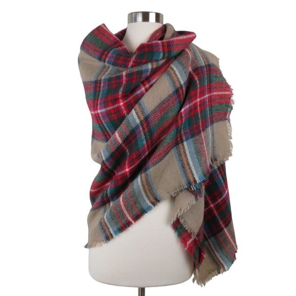 MODCLOTH Tan Red Loch and Key Tartan Plaid Square Cozy Fringe Blanket Scarf - Picture 1 of 8